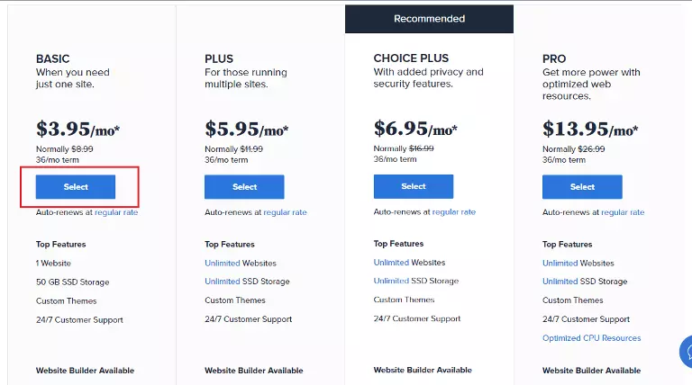 Bluehost shared hosting plans and pricing