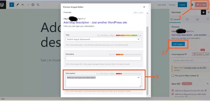 Add a description in blog post or page using Rankmath plugin