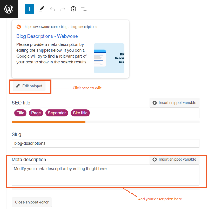 Add blog description using Yoast SEO plugin