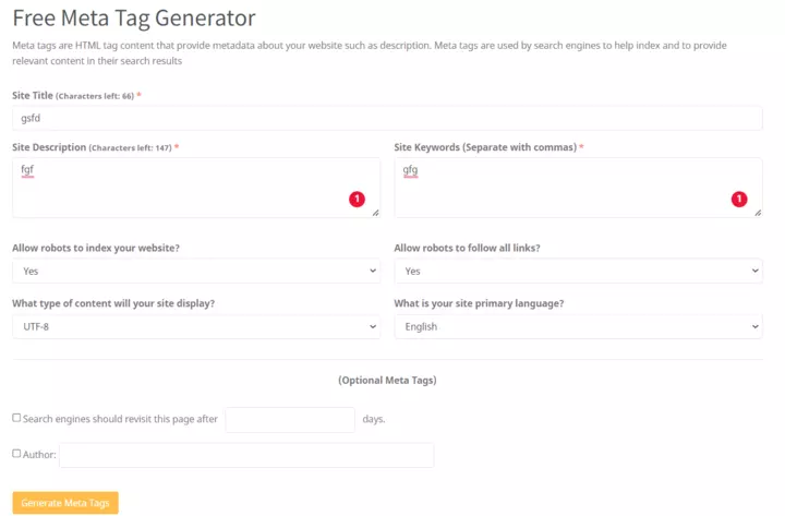 Meta tag html code generator tool