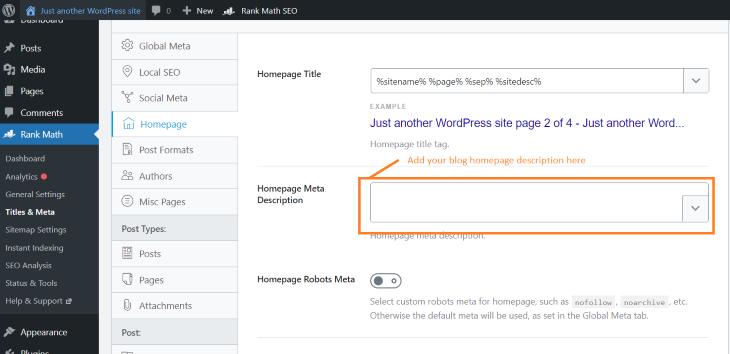 add blog homepage description using rankmath plugin